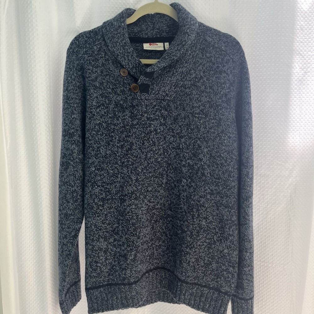 Fjallraven Men's Lada Blue Marled Shawl Collar 80% Wool Sweater Medium Classic